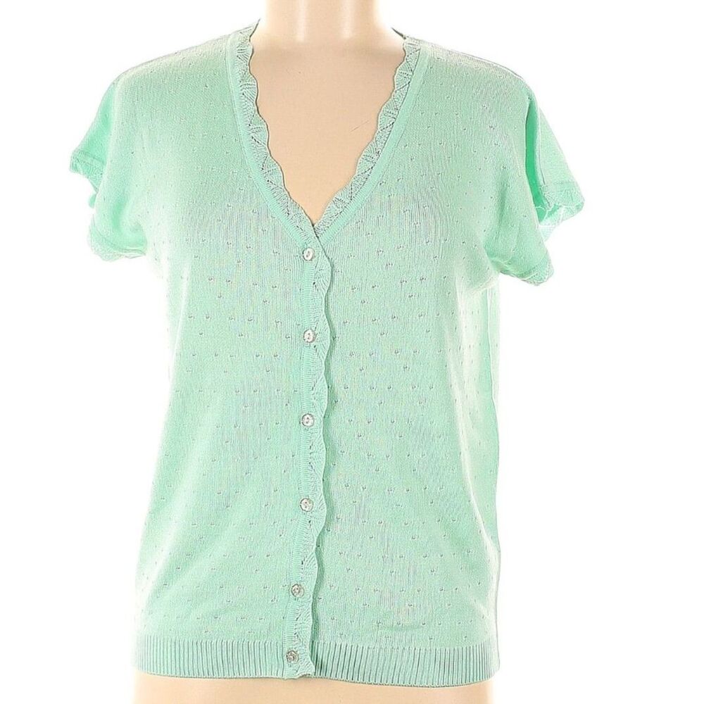 Numph  Kyoto  Ruffled Edge Mint Green Knit Ribbed V-Neck Danish Blouse Med NWT